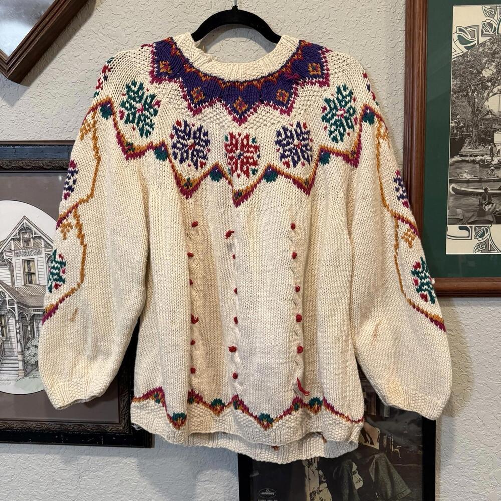 Vintage 90s RARE Venezia Womens Hand Knit Sweater Pullover Size 14-16 Snowflakes - Picture 5 of 6
